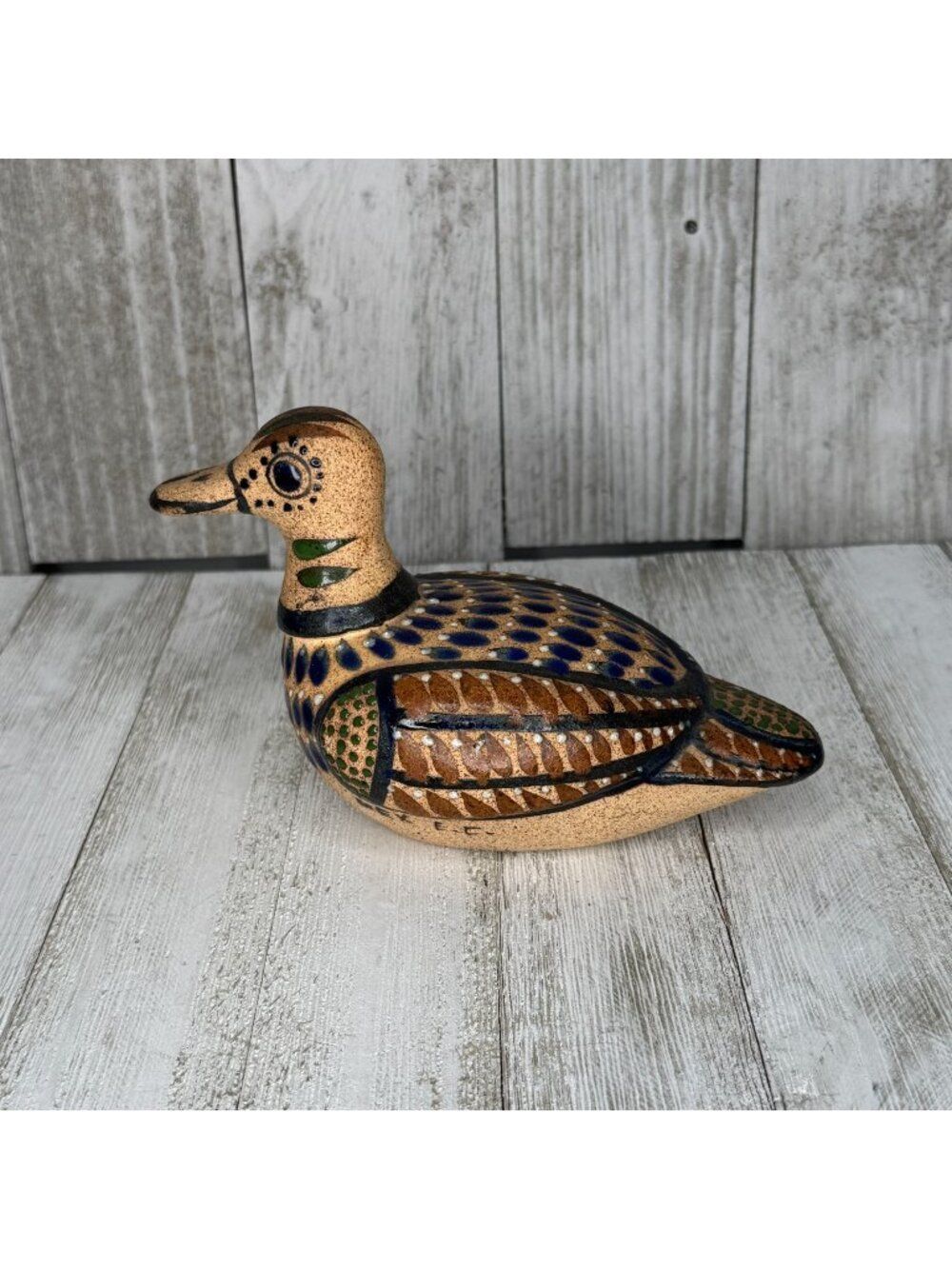 Vintage Tonala Handpainted Mexican Folk Art Pottery Duck Figurine